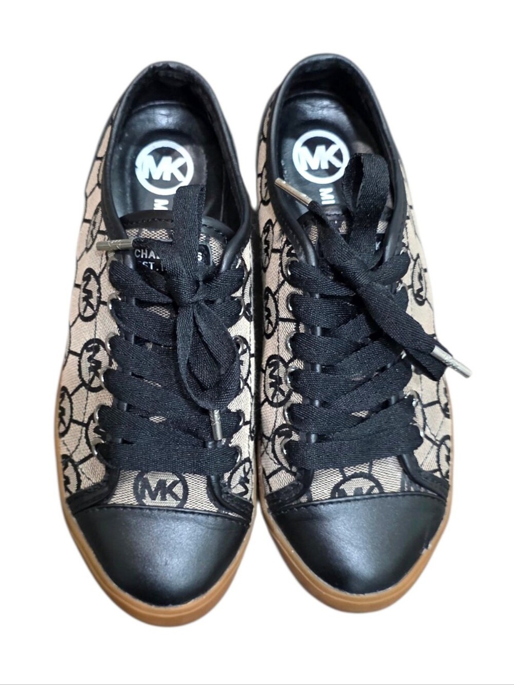 Michael Kors MK Logo Monogram Canvas Leather Sneakers Brown Black Size 6M - Picture 2 of 6